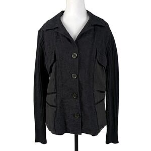Blue Willis Denmark Mixed Media‎ Knit Jacket Womens M Black Button Up Cotton Y2K